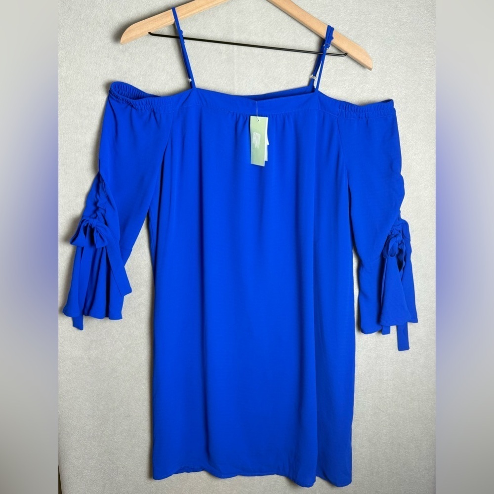 Skies are Blue Women’s Off the Shoulder Blue Chiffon Dress Bell Sleeve size XS